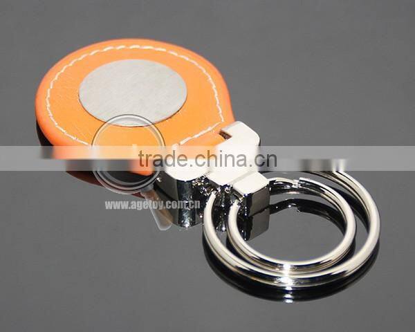 Oval Shaped Orange Leather Double Alloy Keyring Stainless Steel Sticker Metal Leather Key Fobs