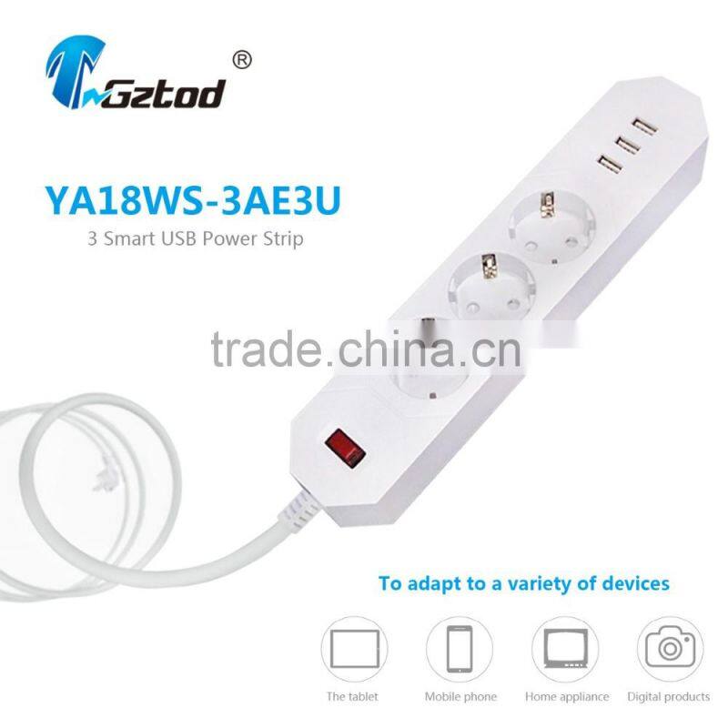 Euro German 3 way power plug socket 3 port usb 100v-250v 16a cable voltage surges protected