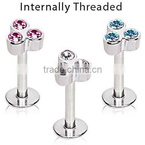 Internally Threaded Triple CZ Gem Labret Internally Threaded Body Jewelry