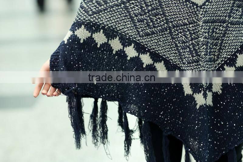 2015 new winter Color matching tassel loose bat sleeve knit sweater shawl female cape coat