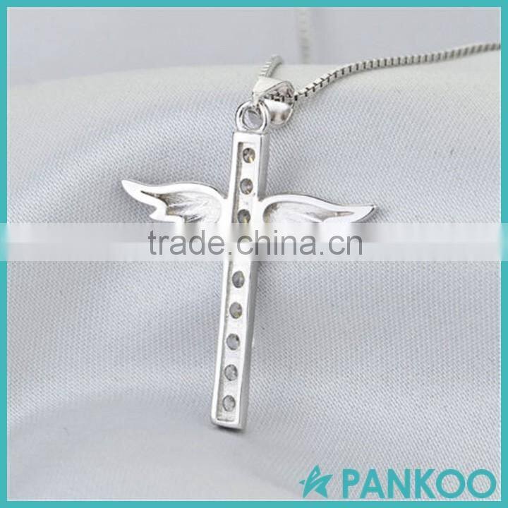 925 Sterling Silver Zircon Cross with Angel Wing Crystal Pendant 18'' Chain Necklace Fashion Jewelry