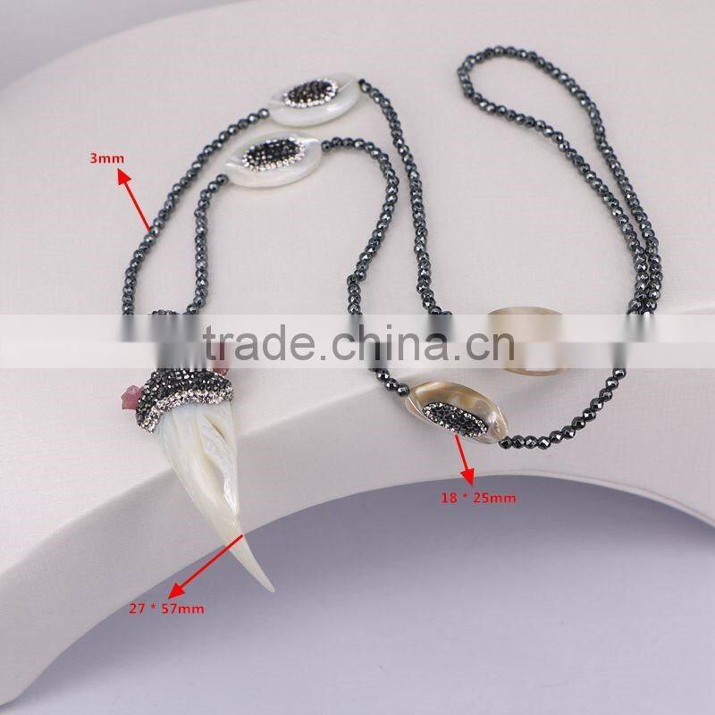 Charm Carved Shell Gem Necklace, with 3mm Black Hematite Beads Necklace, Pendant Druzy Natural Stone Necklace
