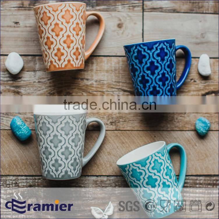 Ceramic stoneware 12oz v shape mug with handpainted grids design