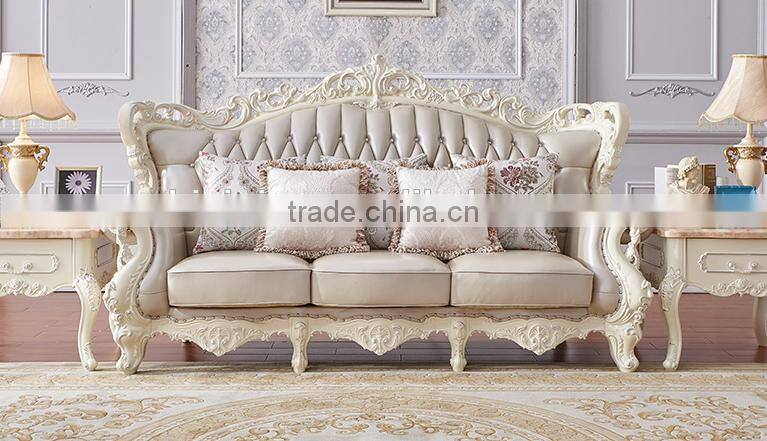 Living room sofa ivory color solid wood hand carved genuine leather 1+2+3 sofa set