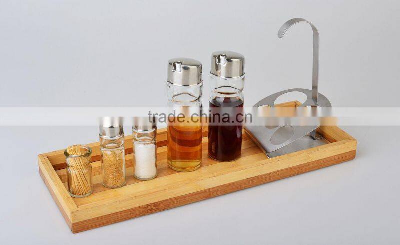 Green powder spraying condiment set,stainless steel condiment container&crue-stand,2pcs glass cover spice jar