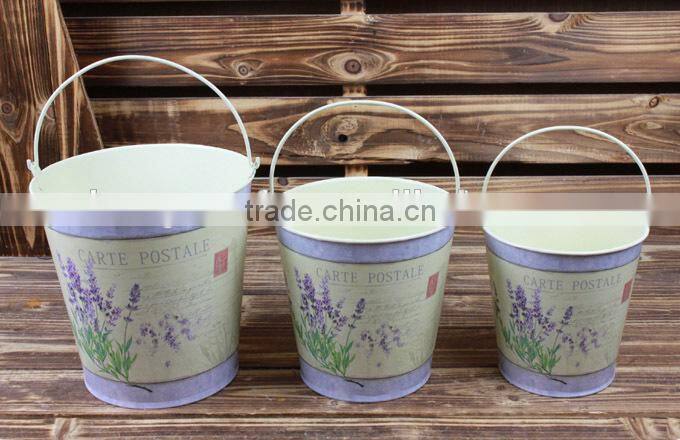 Hot Sale s/3 lavender design metal bucket, cheap pot metal home decor