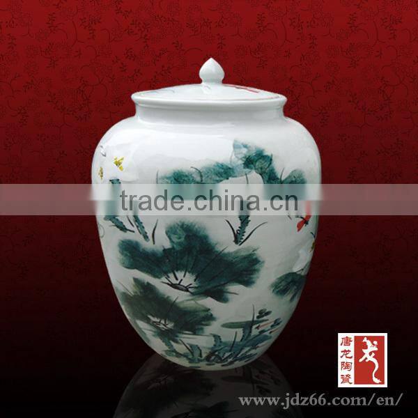 New year gift hand paintd lotus blue and white ceramic wine jar for best sale