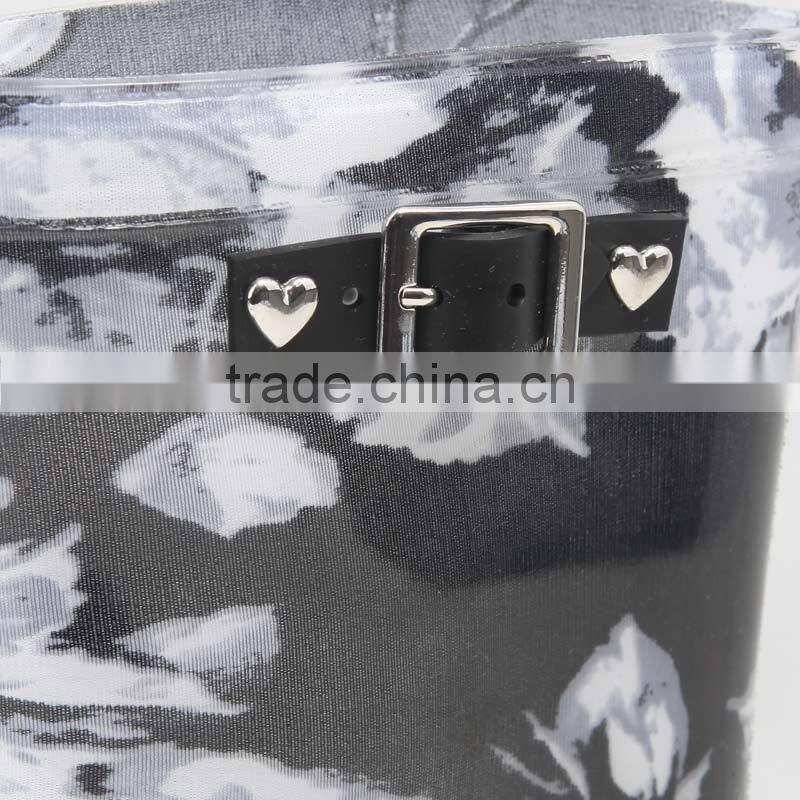 black white flower pattern women rain boots with buckles