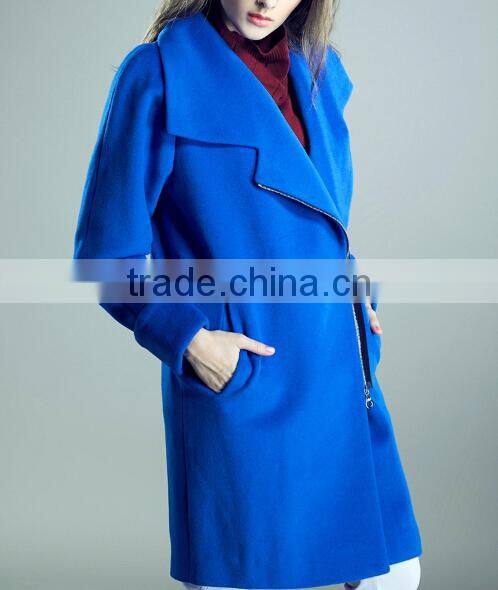 latest ladies quality overcoat blue wool/polyester woman factory wholesale coat