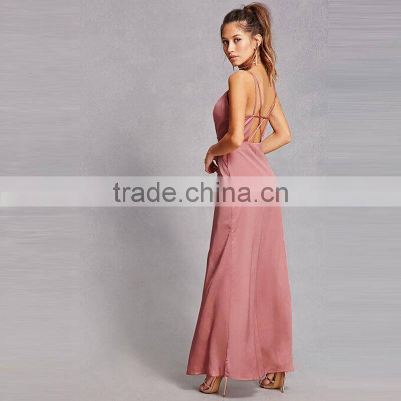 2017 Summer Strappy Back Satin Slip Dress Women Maxi Dress HSd9022