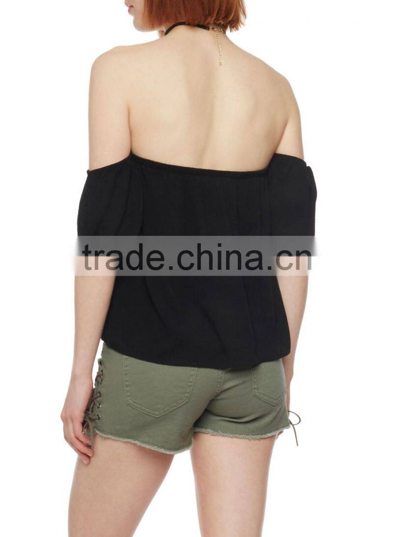 Women T-Shirts, Clothing Women, Black Off the Shoulder Crinkle Knit Top
