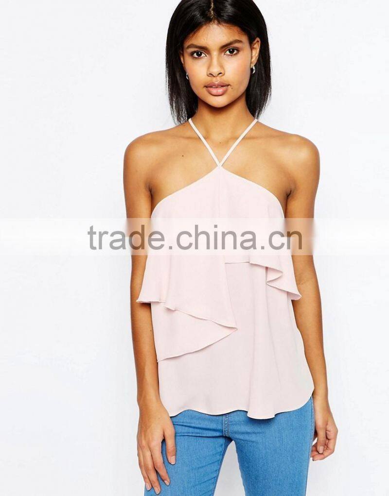 Halter Neck Ruffle Front Cami Tops