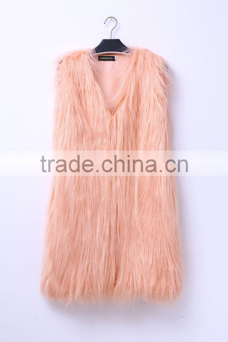 Europe style 2016 new fashion design pure color lady long faux fur vest