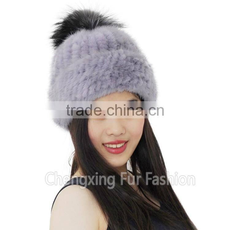 CX-C-239K Cute Style Mixed Color Knitted Cross Grain Real Mink Fur Warm Hats With Fox Fur Pom Pom