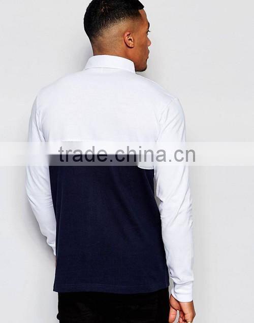 Color block long sleeve 100% cotton rugby polo shirt, men sports team wear custom