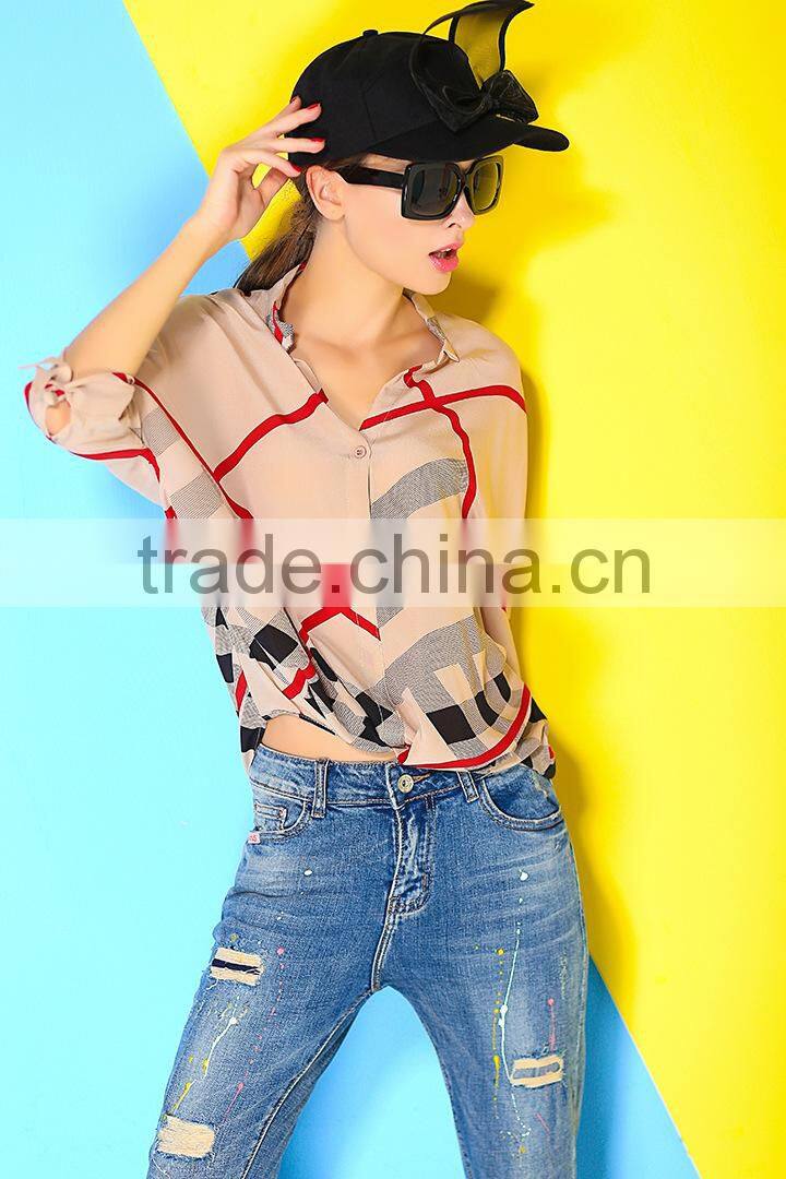 Two color 3/4 sleeve fashion design 2015 new design chiffon ladies blouse
