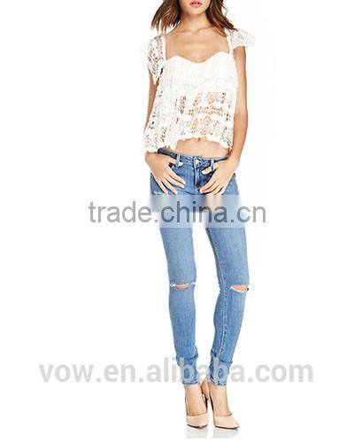 Fashion women blue high waisted brushed ripped skinny denim jeans with hole