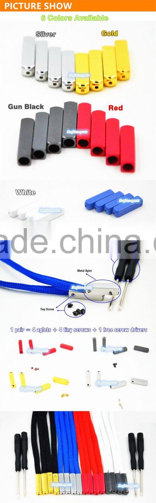 Metal Aglets Shoelace Tips in Gold/Silver/Gun Black/White/Red/Blue 6 Colors - Set of 4 Tips And Screws Includes Screwdriver