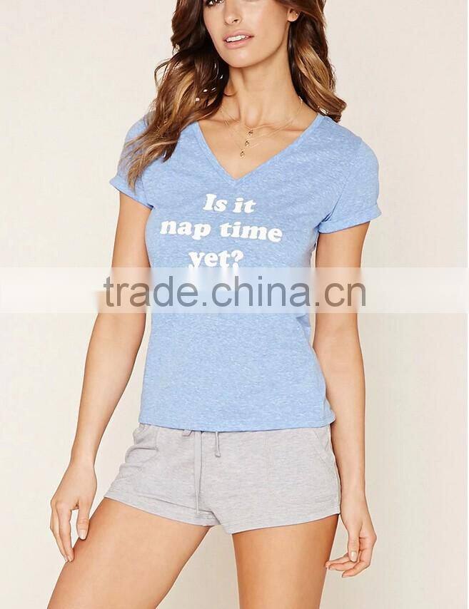 Women sweet heart neck short sleeve custom printing t shirt wholesale 2016