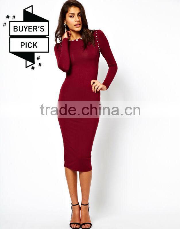 Midi Body-Conscious Dress With Jewelled Neckline