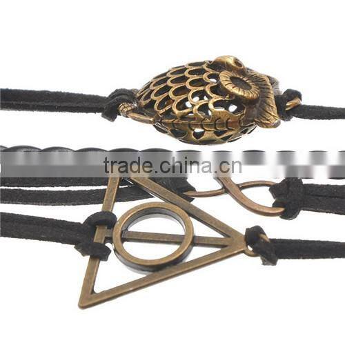 Velvet Braiding Bracelets Black W/Antique Bronze Infinity Symbol & Owl & Triangle Findings Halloween Ornaments 19cm