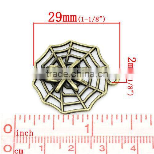 Halloween Charm Pendants Spider Web Antique Bronze W/Skull&Spider 29x27mm