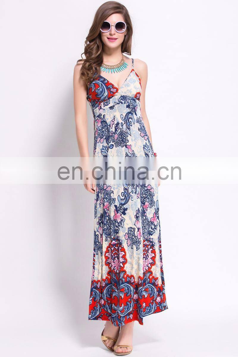 Floral printed spaghetti strap v neck maxi dress for lady