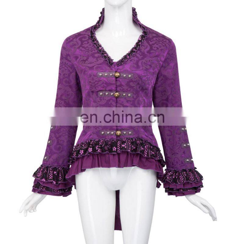 Belle Poque Women's Gothic Victorian Corset Style Lace Embellished V-Neck Jacquard Purple Coat Retro Vintage Tops BP000223-3