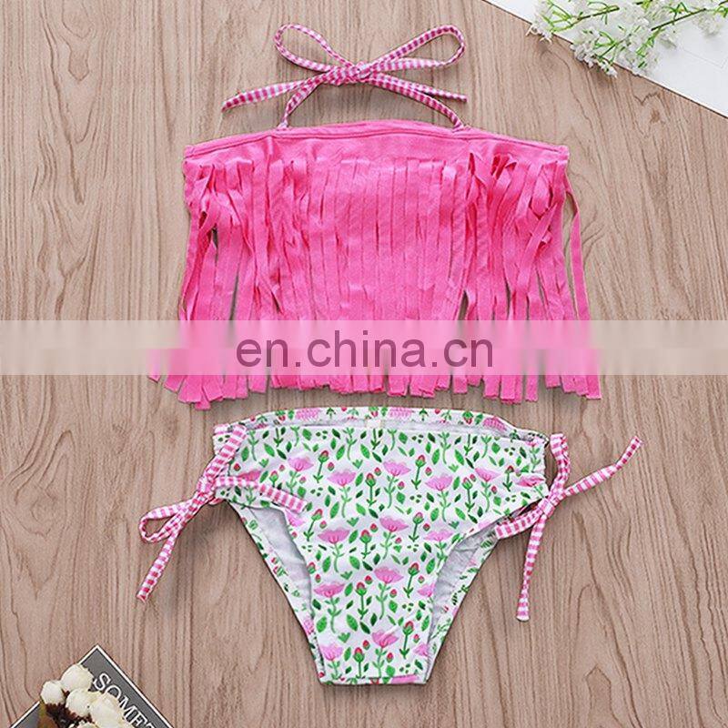 2019 Summer girls pink tassel bikini set kids fringe swimwear with floral shorts 2pc set