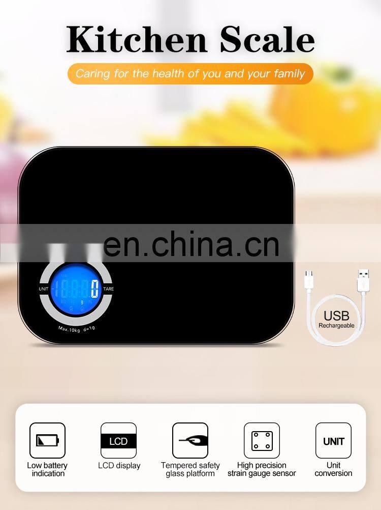 Hot Selling USB Rechargeable Glass Printing Logo Design Digital Household LCD 5kg Kitchen Scale
