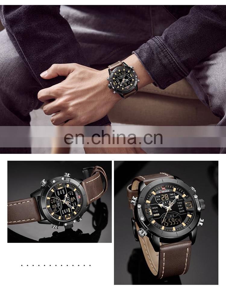 NAVIFORCE NF9153L Trendy Men Brand Analog Digital Clock Watch Leather Two Time Alarm Light Watches Men Wrist