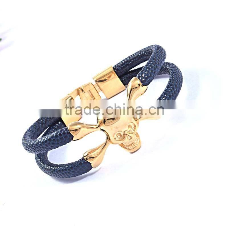 Wholesale Customized Logo Genuine leather silver gold skull bangle bracelet for ARSL-04599