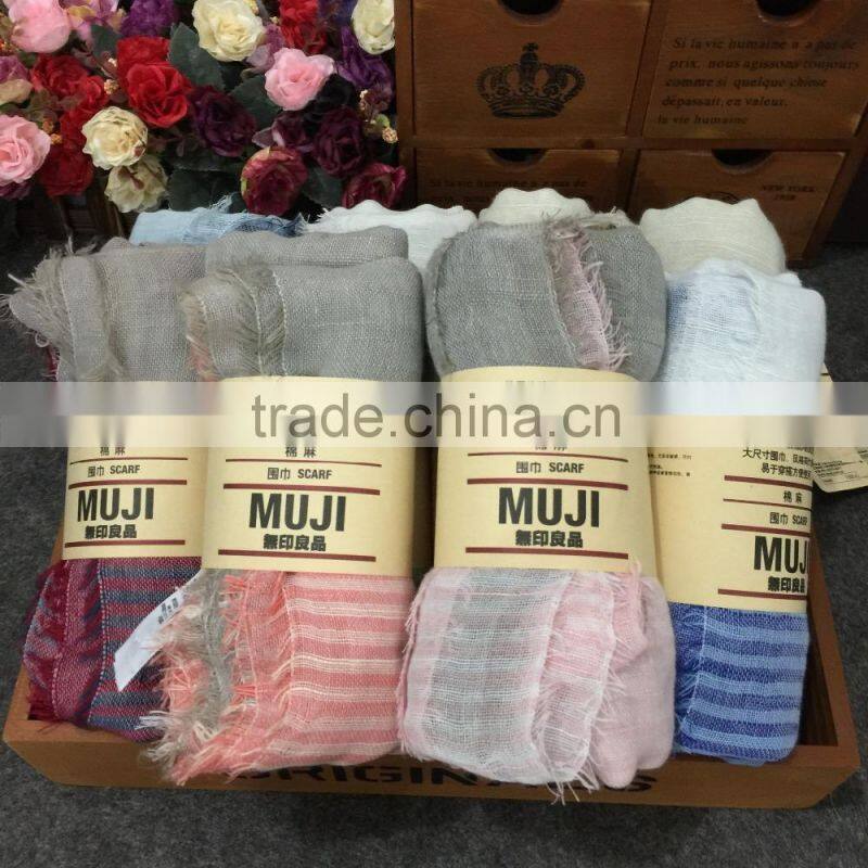 Latest Design Korean Fashion Cotton Linen Striped Fringe Tassel Scarf