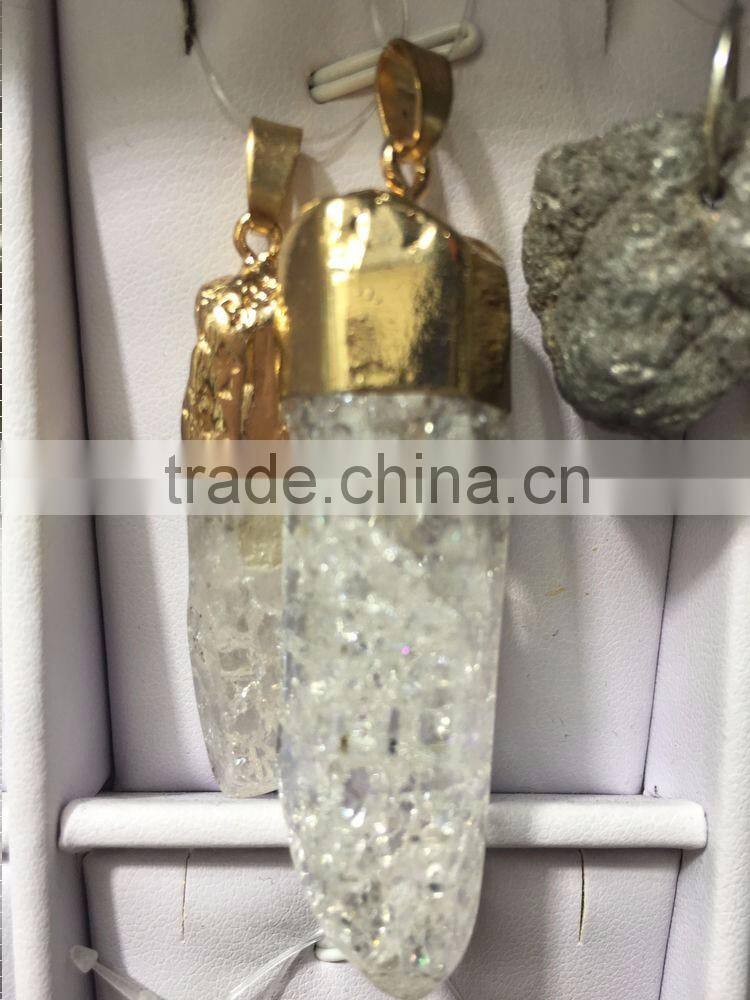 2016 Gold Covering Crack Crystal Pendant Necklace Aquamarine Citrine Rose Quartz Clear Green Natural Crystal Necklace For Women