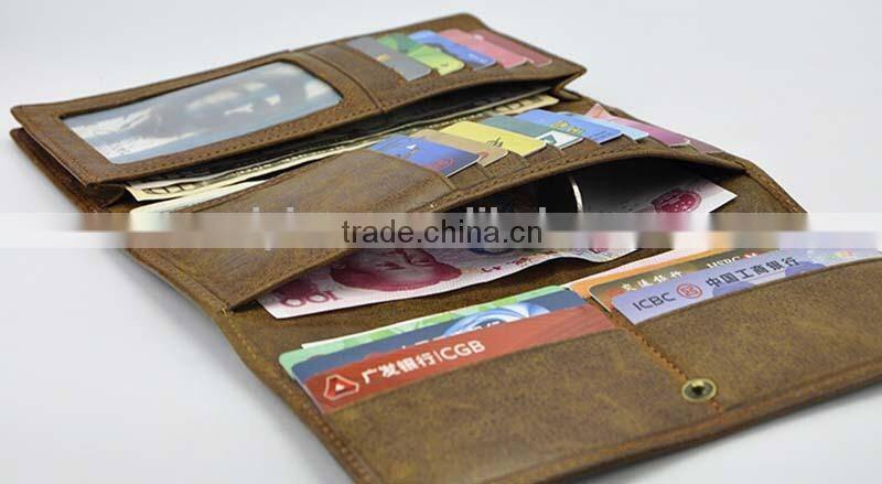 Multifunction high quality long three folds rfid leather wallet with button