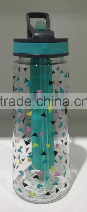Taizhou Factory BPA free TRITAN Bottle with Straw and Ice Stick Plastic Water Bottle with Printing Design
