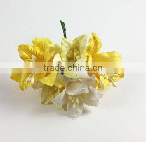 Lily Yellow White Mixed Handmade Mulberry Paper Flower, Wedding Party, Scrap-booking Crafts, Wholesale