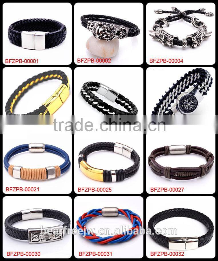 Brown and Black Stripe Leather Braided Cuff Bracelet Wristband, Couples Christmas Gift Stainless Steel Clasp