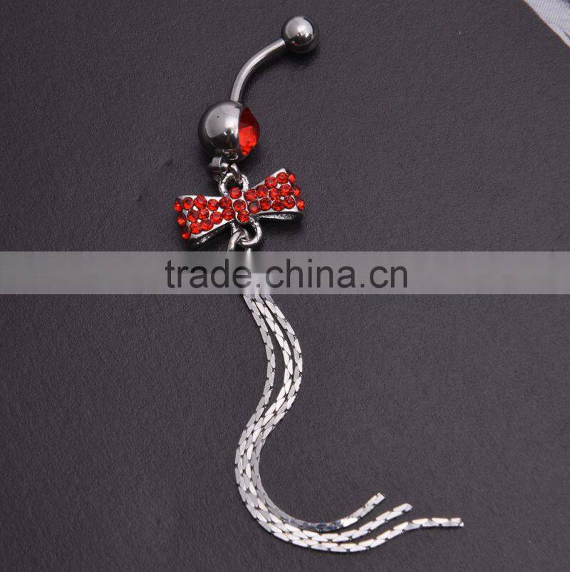 Multi Color Gems Paved Bowknot with Tassel Drop Charms Dangle Belly Button Naval Ring.