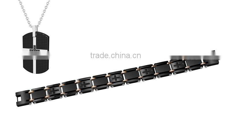 2016 Coolman Jewelry 316L Stainless Steel Men Jewelry Sets with Pendant Bracelet IP Black Plated Crystal Inlay