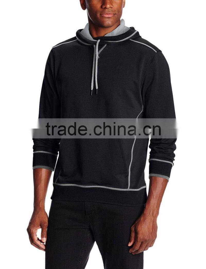 Oem fleece with drawstring rib hem and pockets black casual pullovers men cut and sew stone wash hoodie