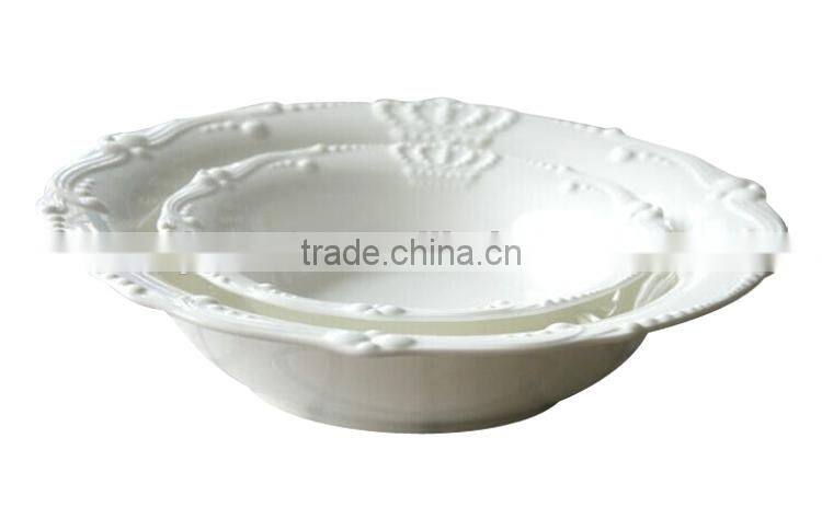 Wholesale fine royal new bone china white embossed ceramic salad bowl with crown design