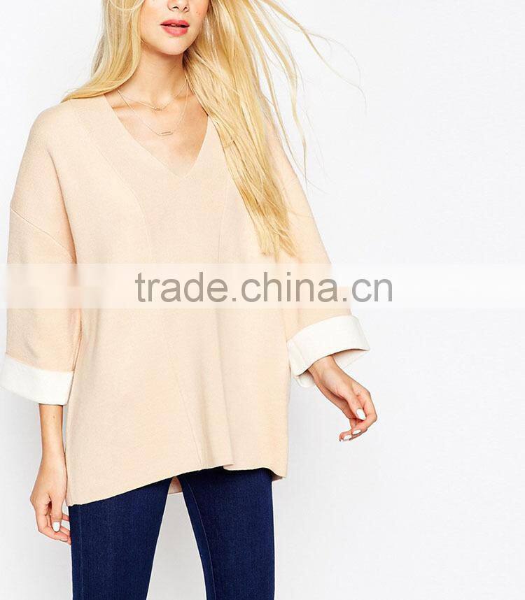 Plus size clothing tunic woman 3/4 wide sleeve v neck woolen lady blouse