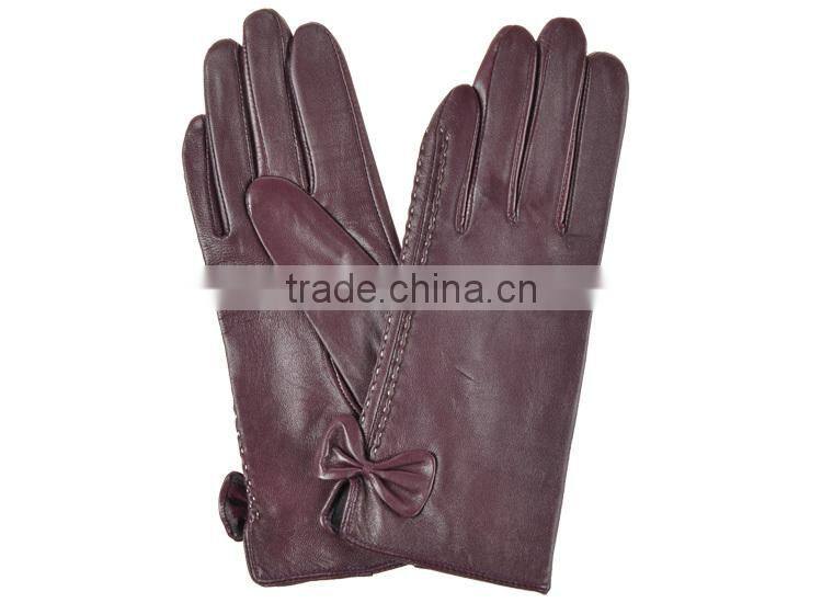 Simple and lovely purple threading bowknot threading girls sheepskin leather glove
