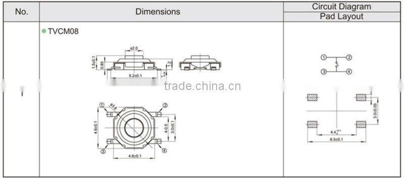 FTVCM08 smt small tactile touch switch overlay 12v 50mA