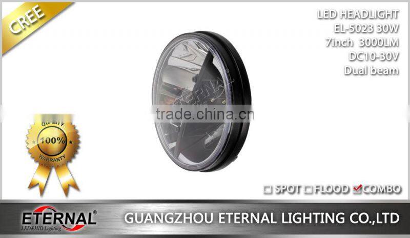 7" round Jeep Wrangler offroad Rubicon motorcycle 30W sealed LED headlight dual beam JK TJ WJ XJ MJ