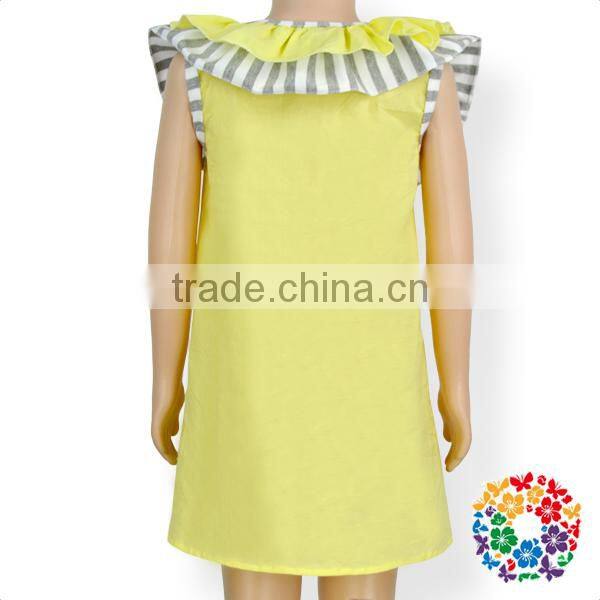 wholesale summer fashion grey stripe ruffle neck sleeveless cotton yellow kids girls dress