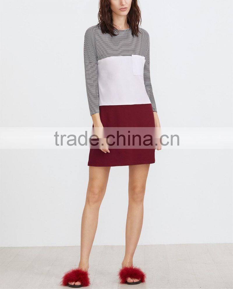 Color Block Drop Shoulder Pocket Front Tee Dress Spring Dress New Arrival 2017 Women Long Sleeve T-shirt Dress