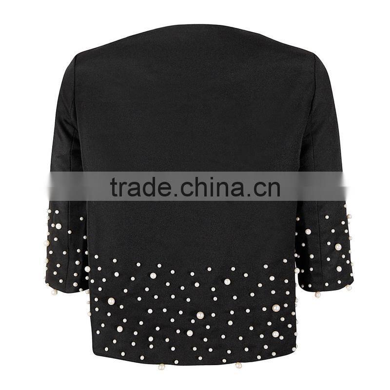 2014 new fashion white pearl line beaded lace mid sleeve elegant jacket