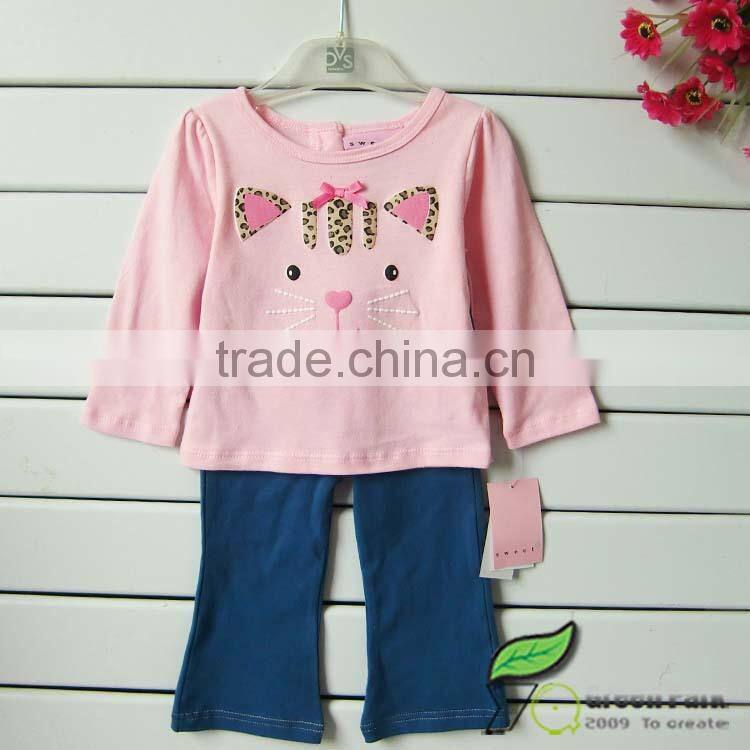 fashion girls leopard feather vest +pink long sleeve sweetie t shirts+Jeans 3pcs outfits girls suits baby clothing sets winter